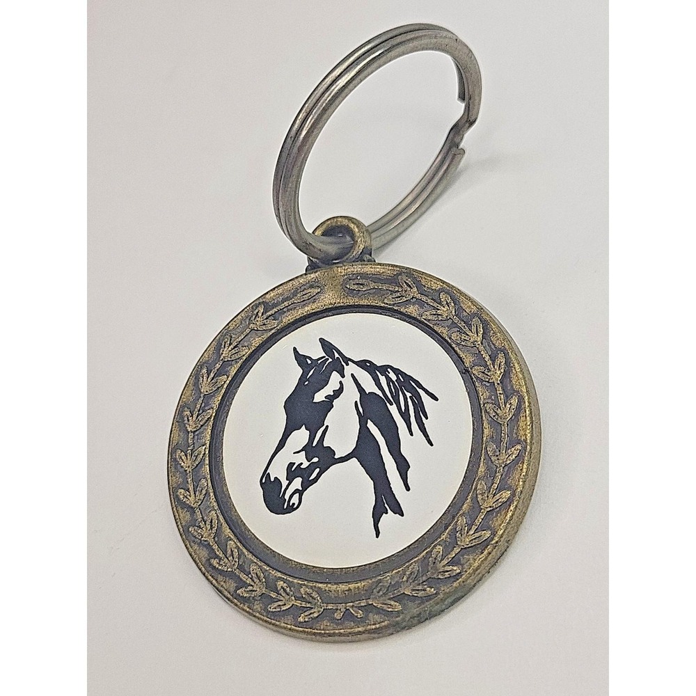 Brass Horse Head Equestrian Medallion Vintage Keychain Crown Trophy Fob USA